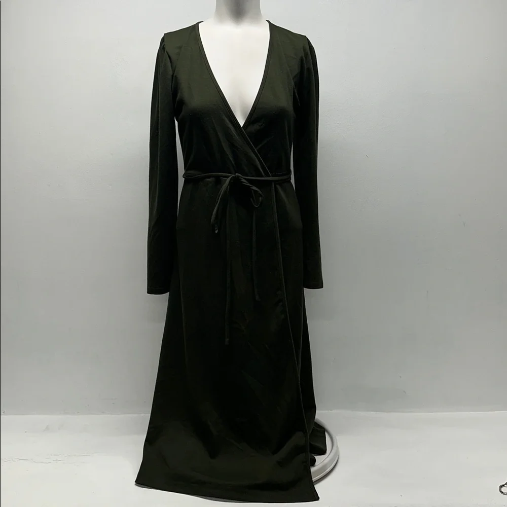 Emerson Fry Ballet Wrap Dress Adjustable Tie Waist Puff Sleeve Olive Green XS